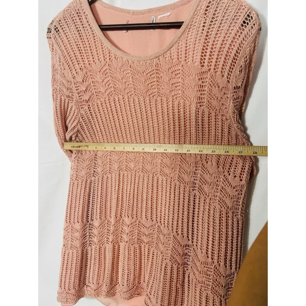 Vintage Womens Open Knit Boho Crochet Sweater Pink Fairy Coquette Asymmetric Y2K